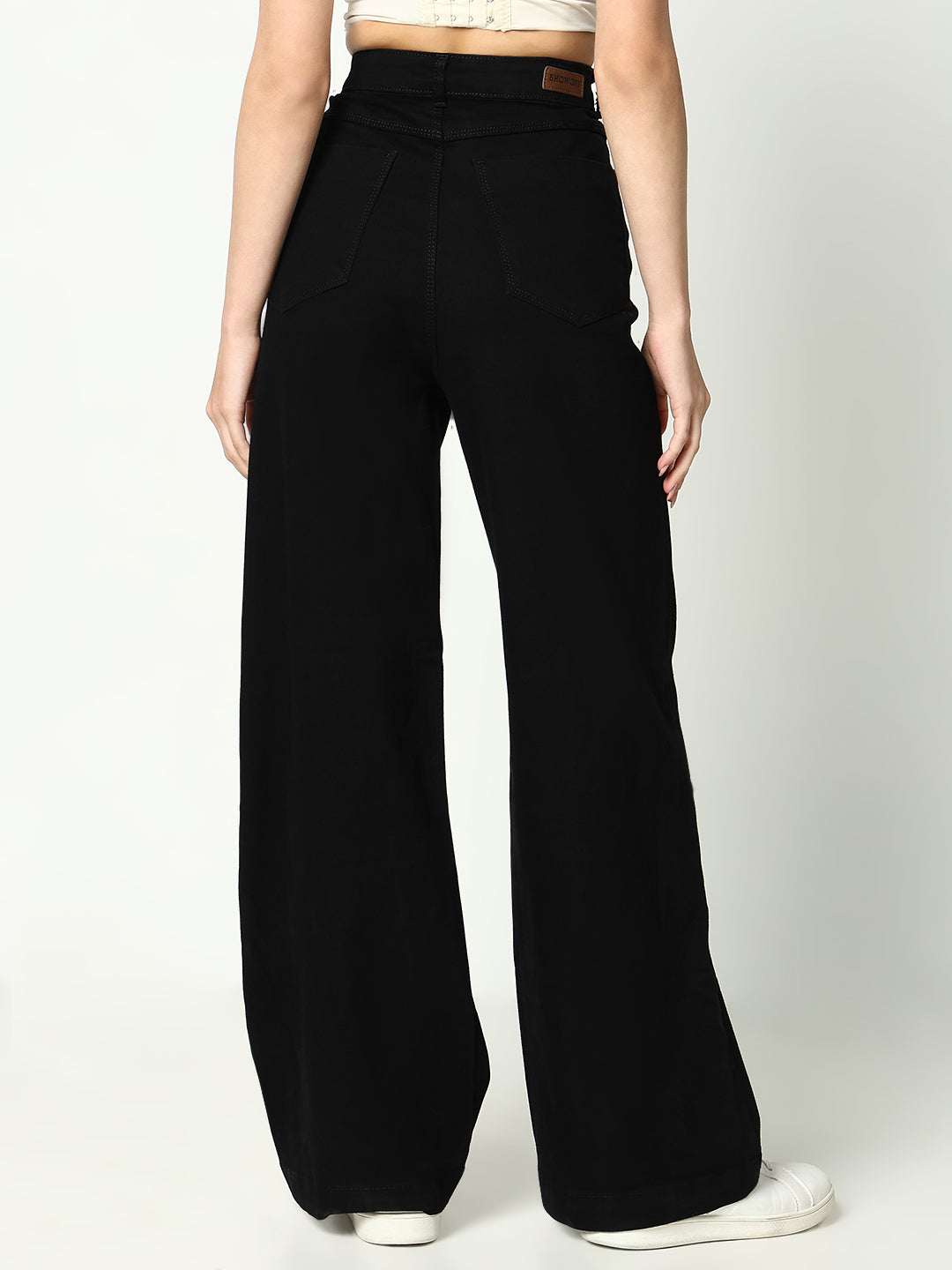 Women's Black Cotton Comfort Wide Leg Mid-Rise Jeans