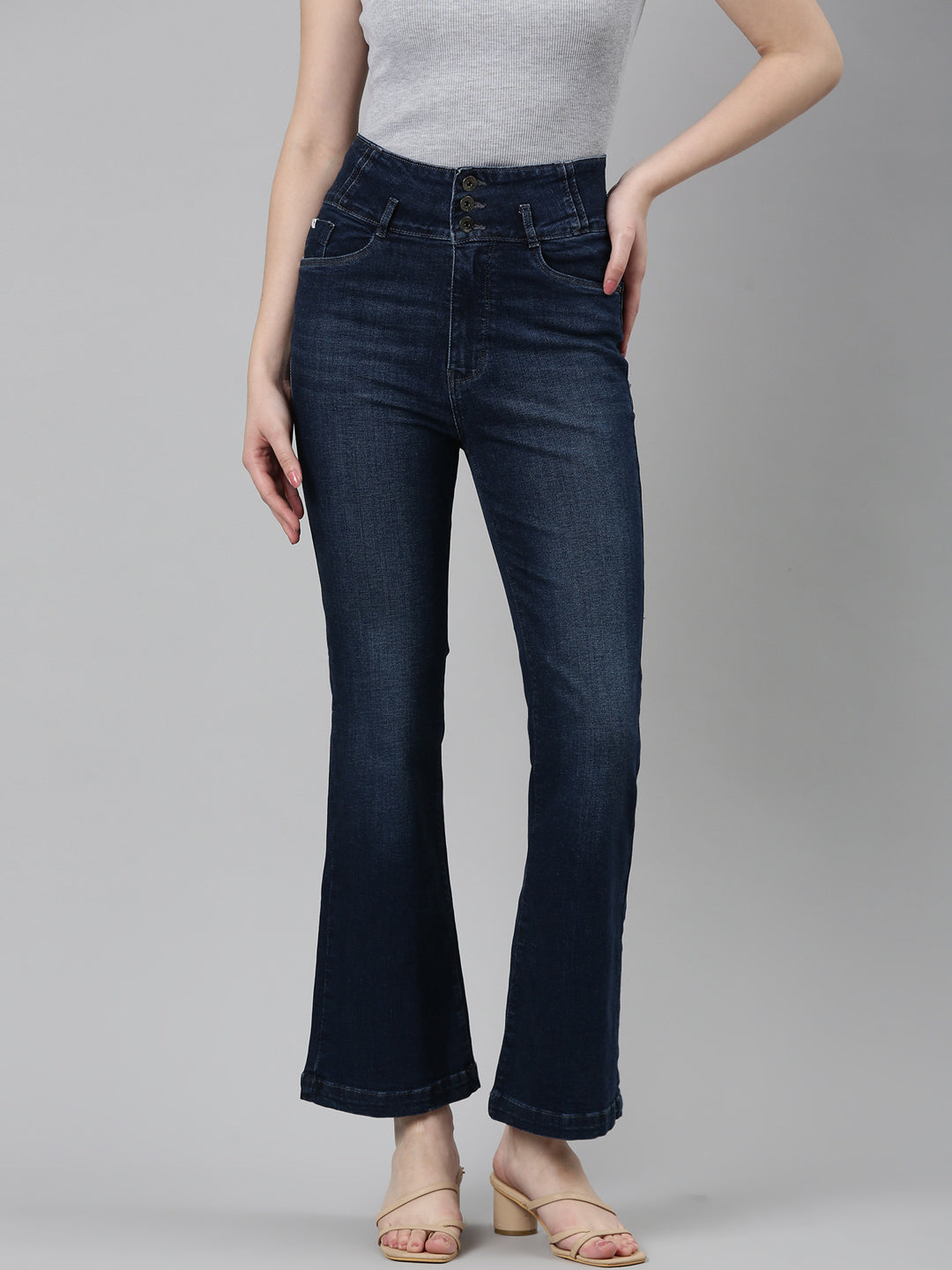 Women's Navy Blue Flared Light Fade Denim Jeans