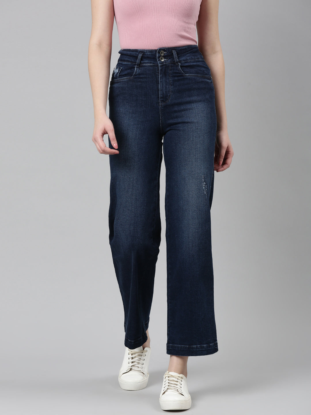 Women's Navy Blue Jean Wide Leg Light Fade Denim Jeans