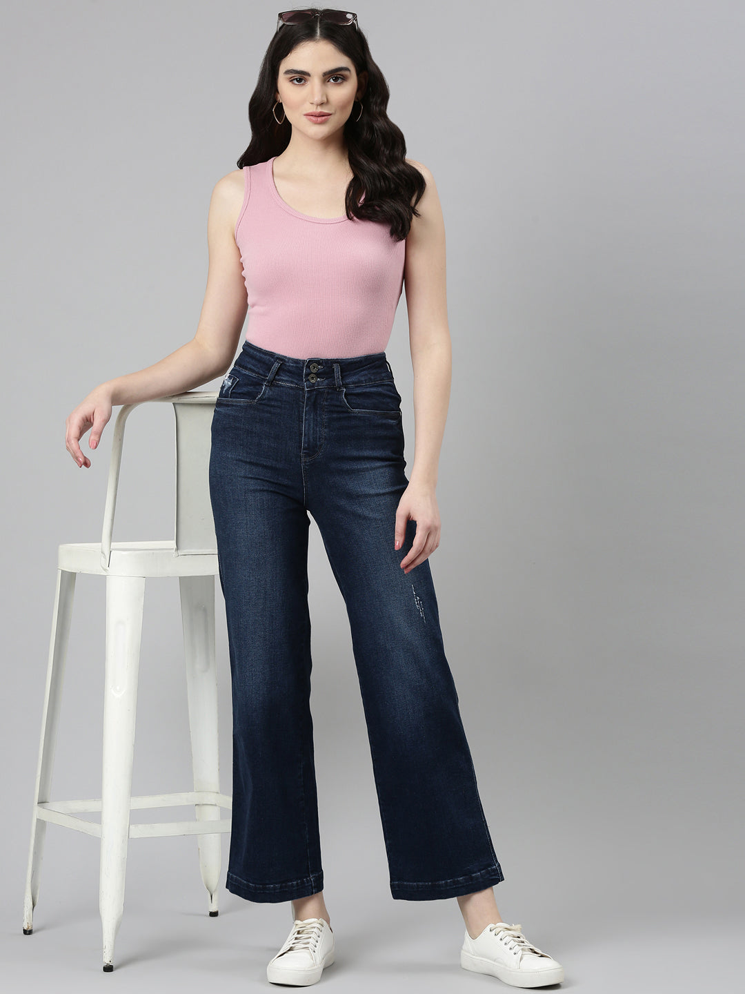 Women's Navy Blue Jean Wide Leg Light Fade Denim Jeans