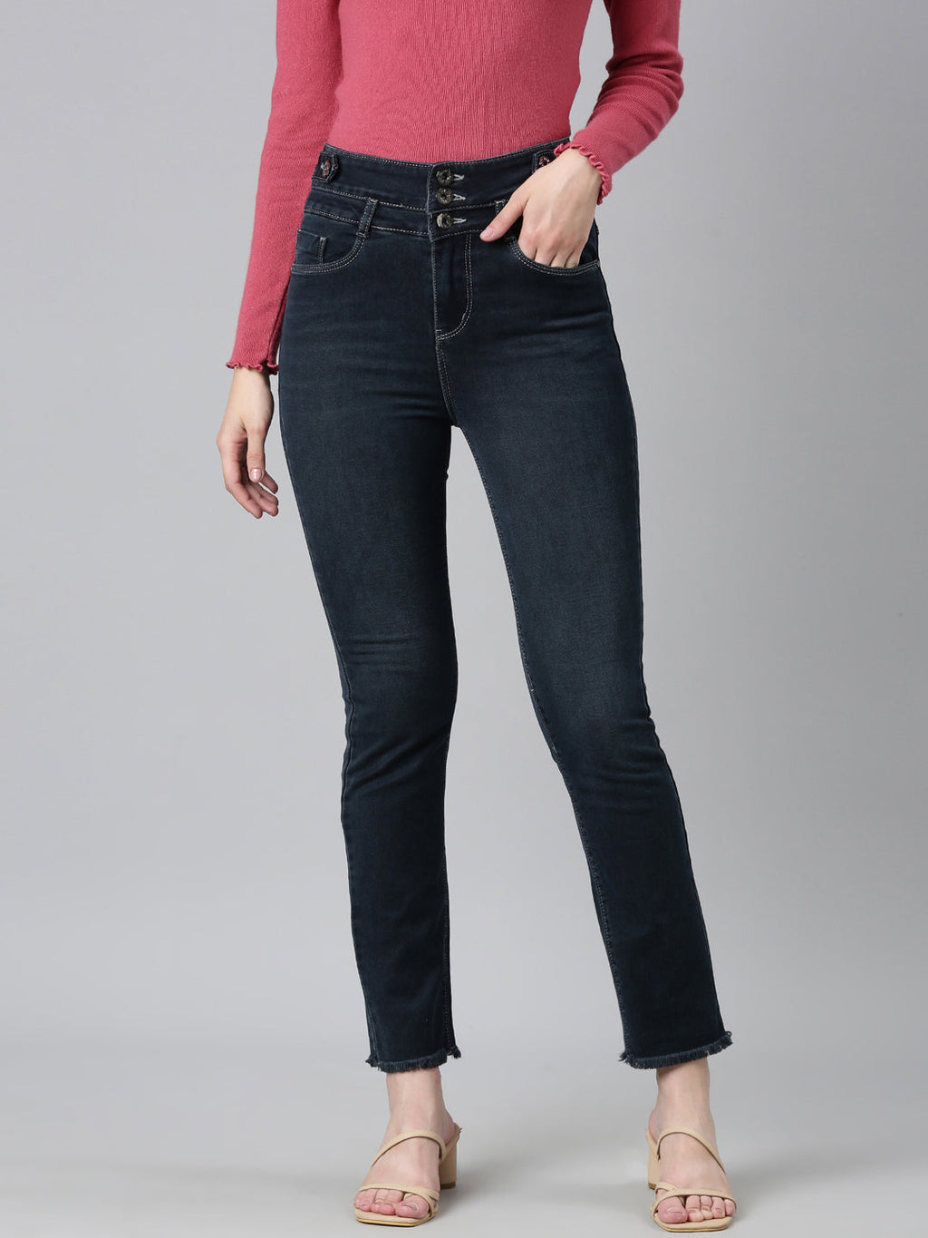 Women's Navy Blue Jean Straight Fit Light Fade Stretchable Denim Jeans