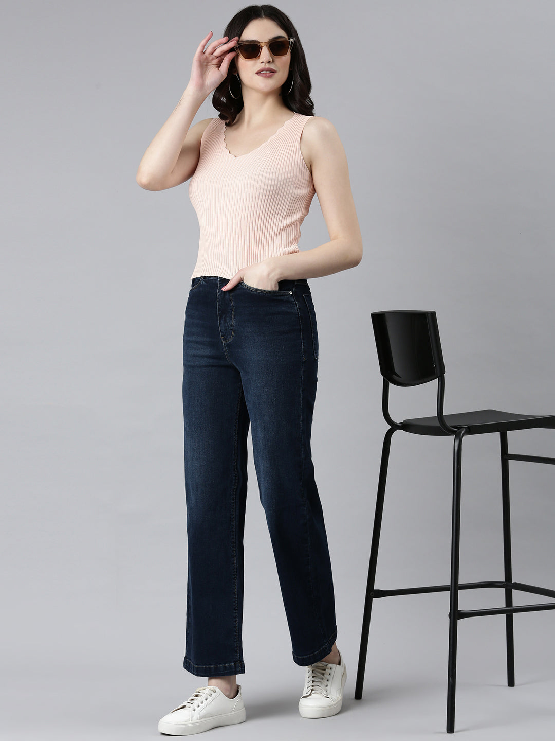 Women's Navy Blue Wide Leg Denim Jeans