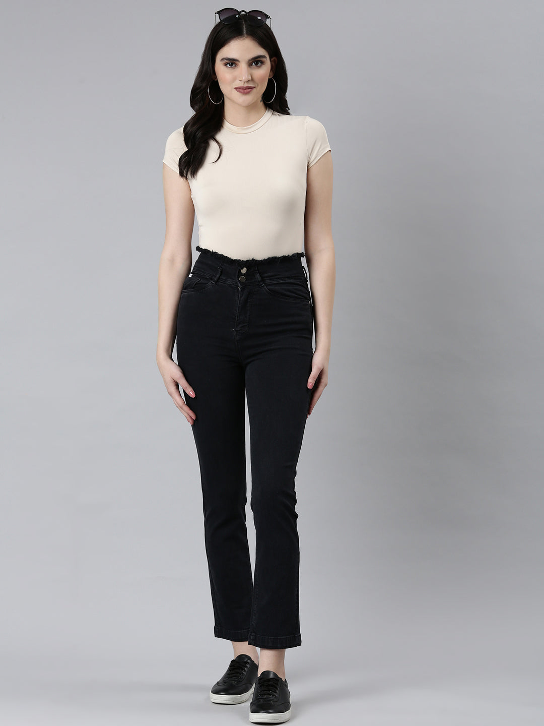 Women's Black Mid-Rise Frayed Denim Jeans