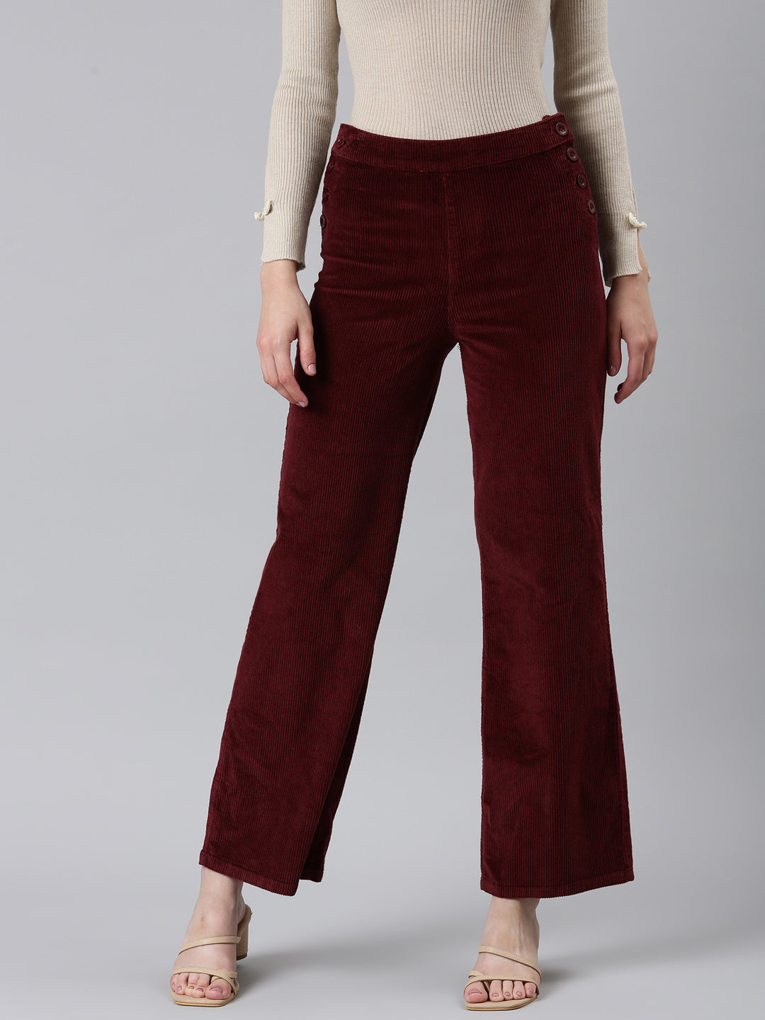 Women's Red Straight Fit High-Rise Parallel Trousers