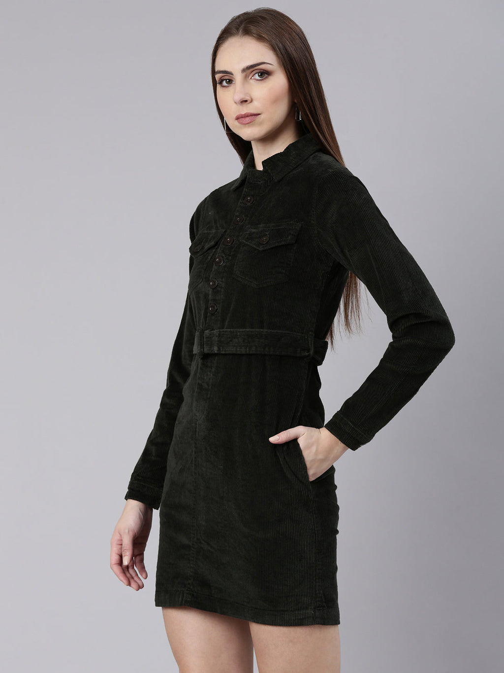 Women's Olive Shirt Collar Cotton Dress