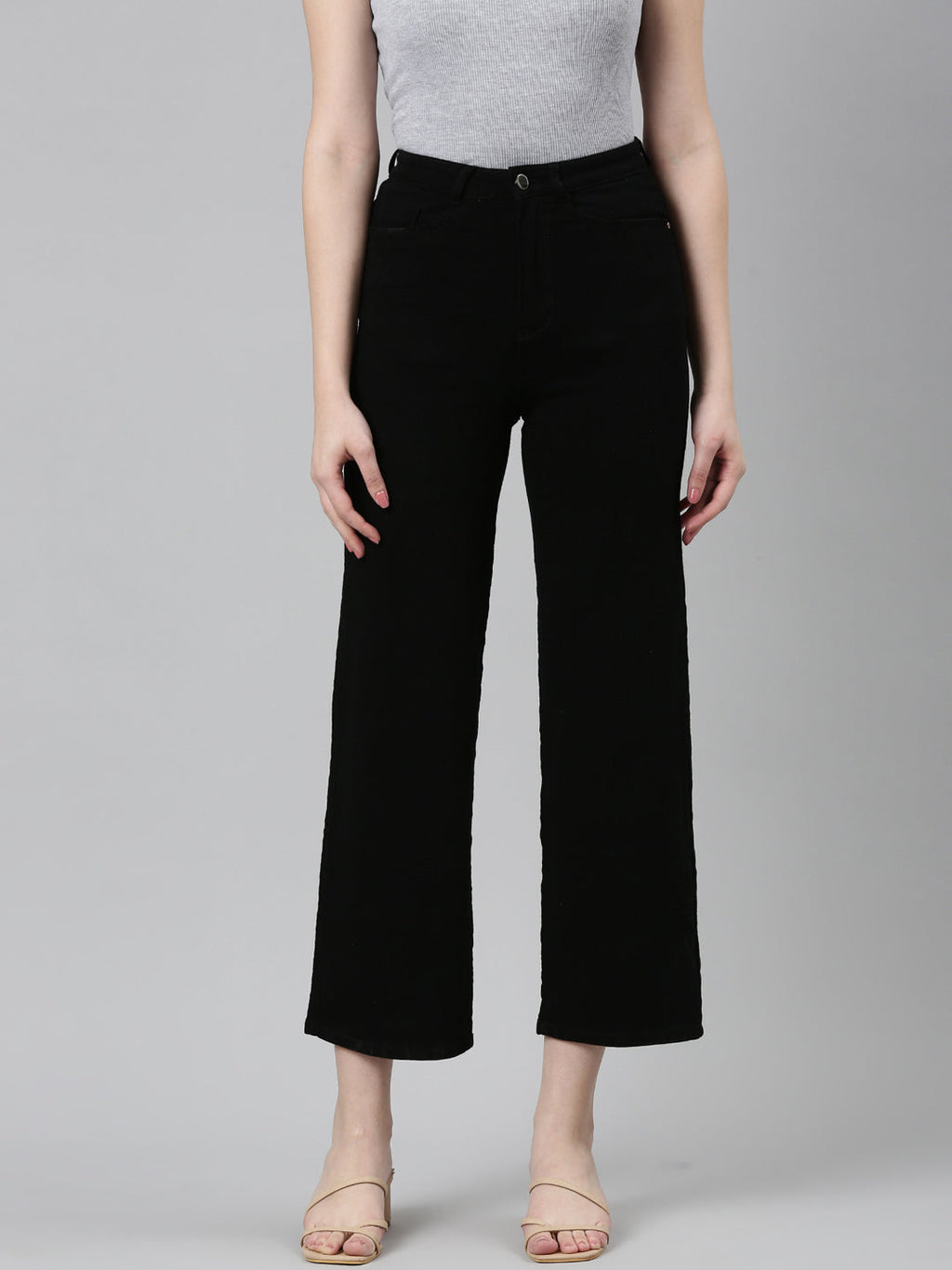 Women's Black Jean Acid Wash Wide Leg Mid-Rise Denim Jeans