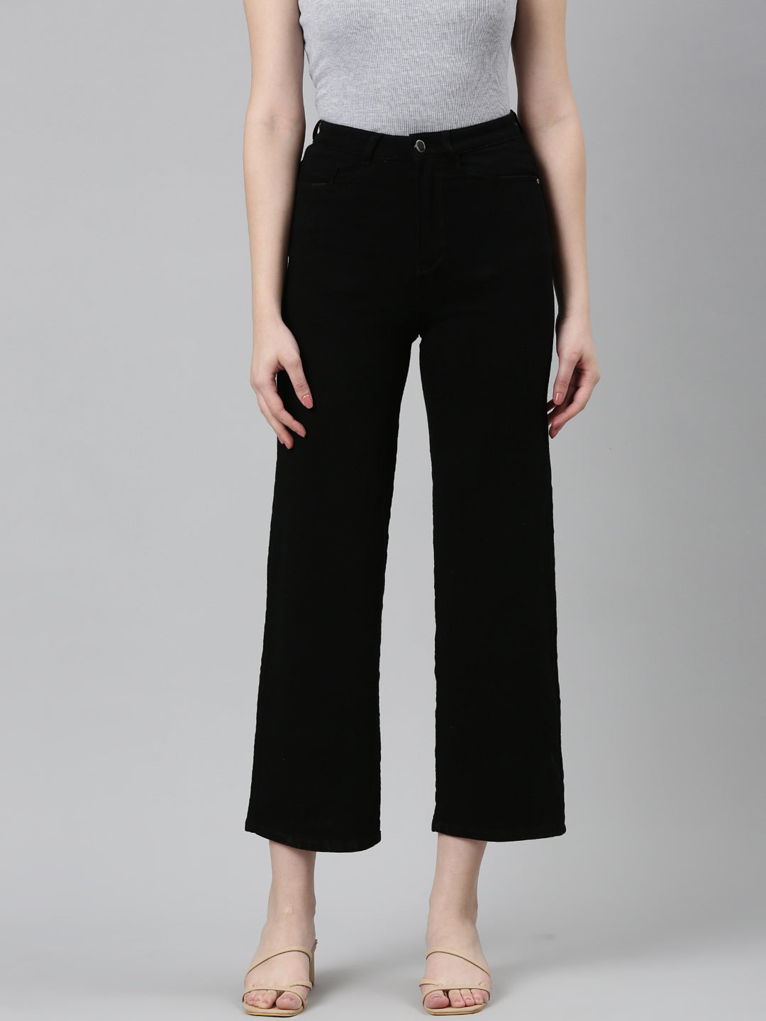 Women's Black Jean Acid Wash Wide Leg Mid-Rise Denim Jeans