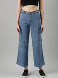 Women's Blue Wide Leg Fit Acid Wash Denim Cargo Jeans