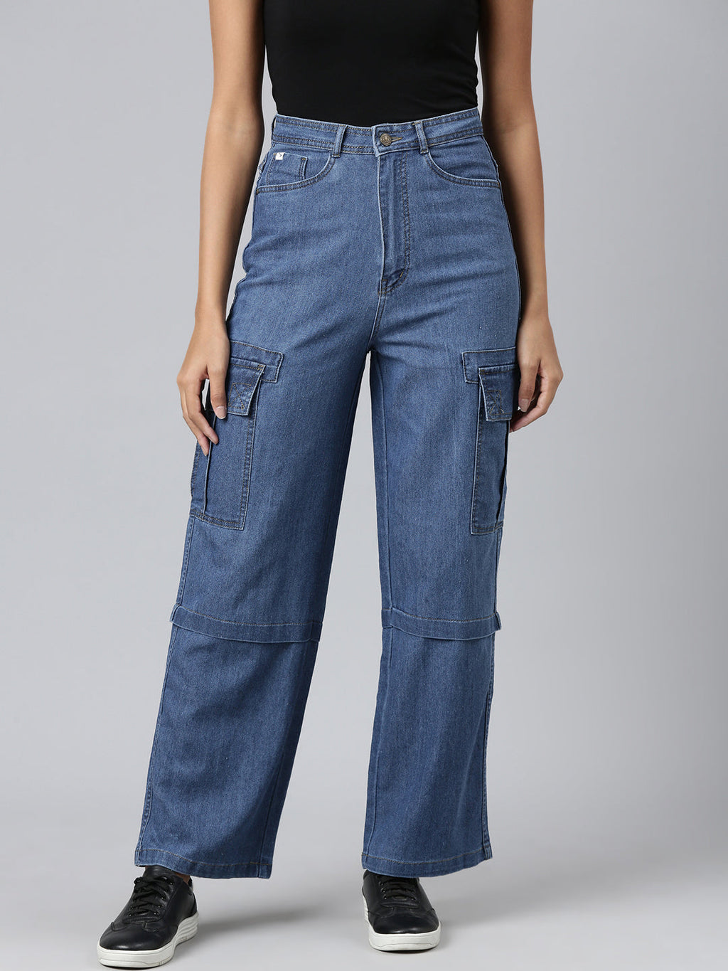 Women's Blue Wide Leg Acid Wash Denim Stretchable Jeans