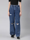 Women's Blue Slash Knee Stretchable Wide Leg Denim Jeans