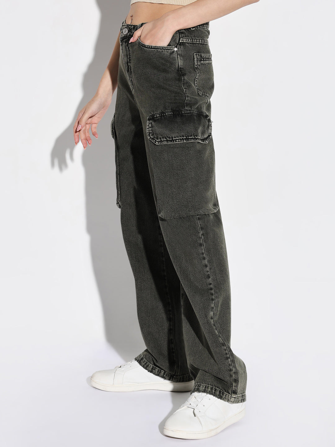 Women's Olive Denim Comfort Wide Leg Light Fade Acid Wash Jeans