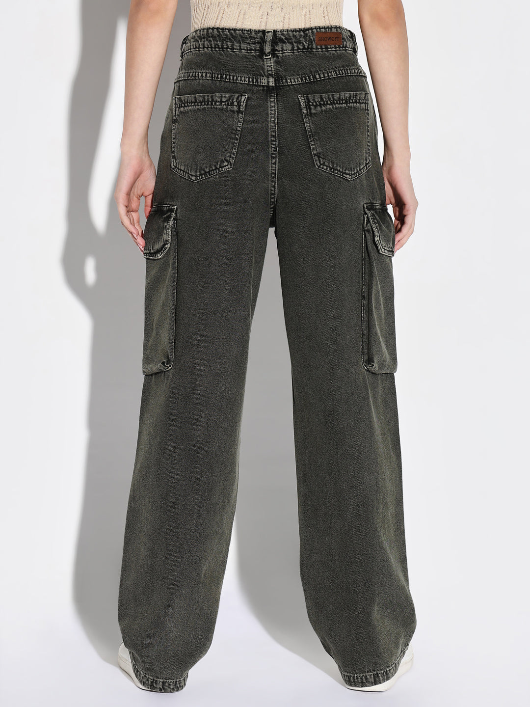 Women's Olive Denim Comfort Wide Leg Light Fade Acid Wash Jeans
