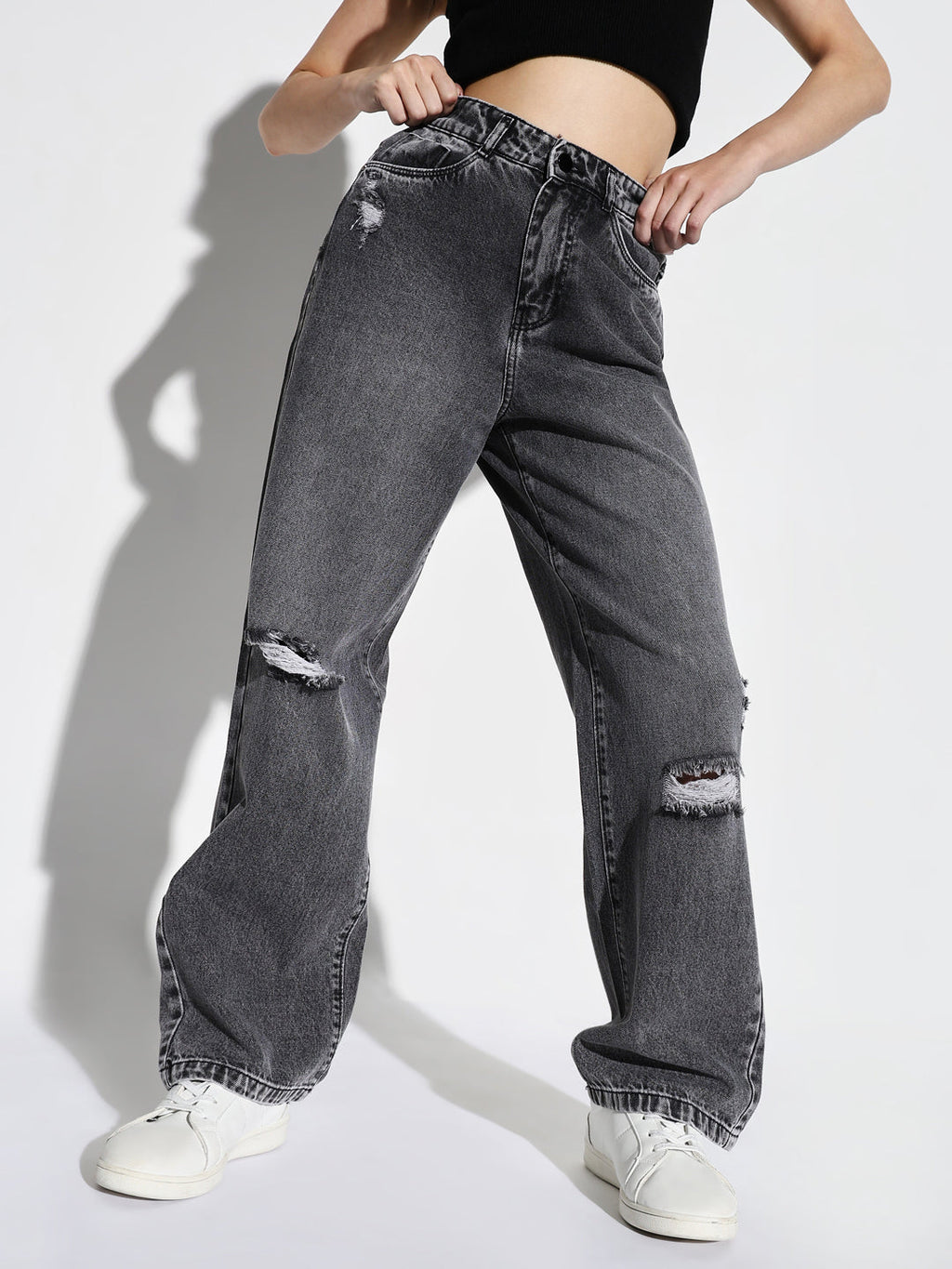 Women's Grey Comfort Wide Leg Slash Knee Heavy Fade Acid Wash Stretchable Jeans
