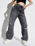 Women's Grey Comfort Wide Leg Slash Knee Heavy Fade Acid Wash Stretchable Jeans