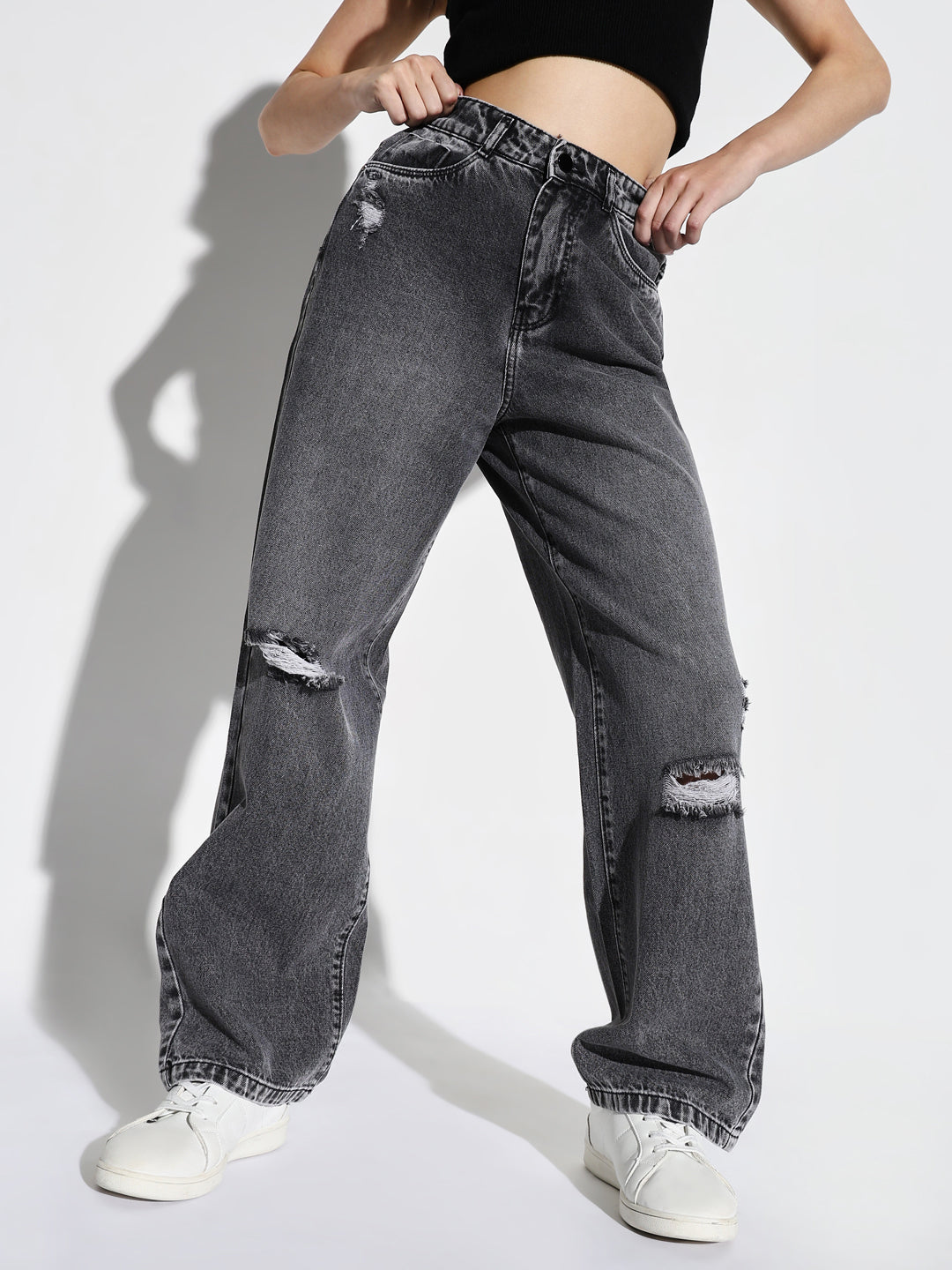 Women's Grey Comfort Wide Leg Slash Knee Heavy Fade Acid Wash Stretchable Jeans
