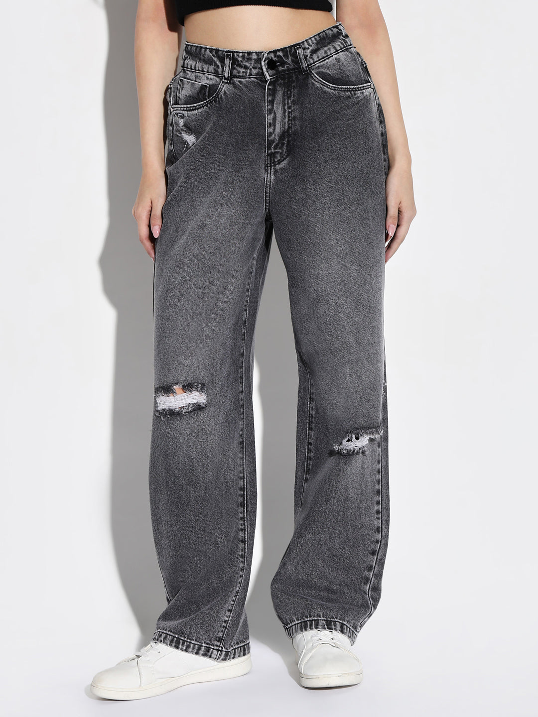Women's Grey Comfort Wide Leg Slash Knee Heavy Fade Acid Wash Stretchable Jeans