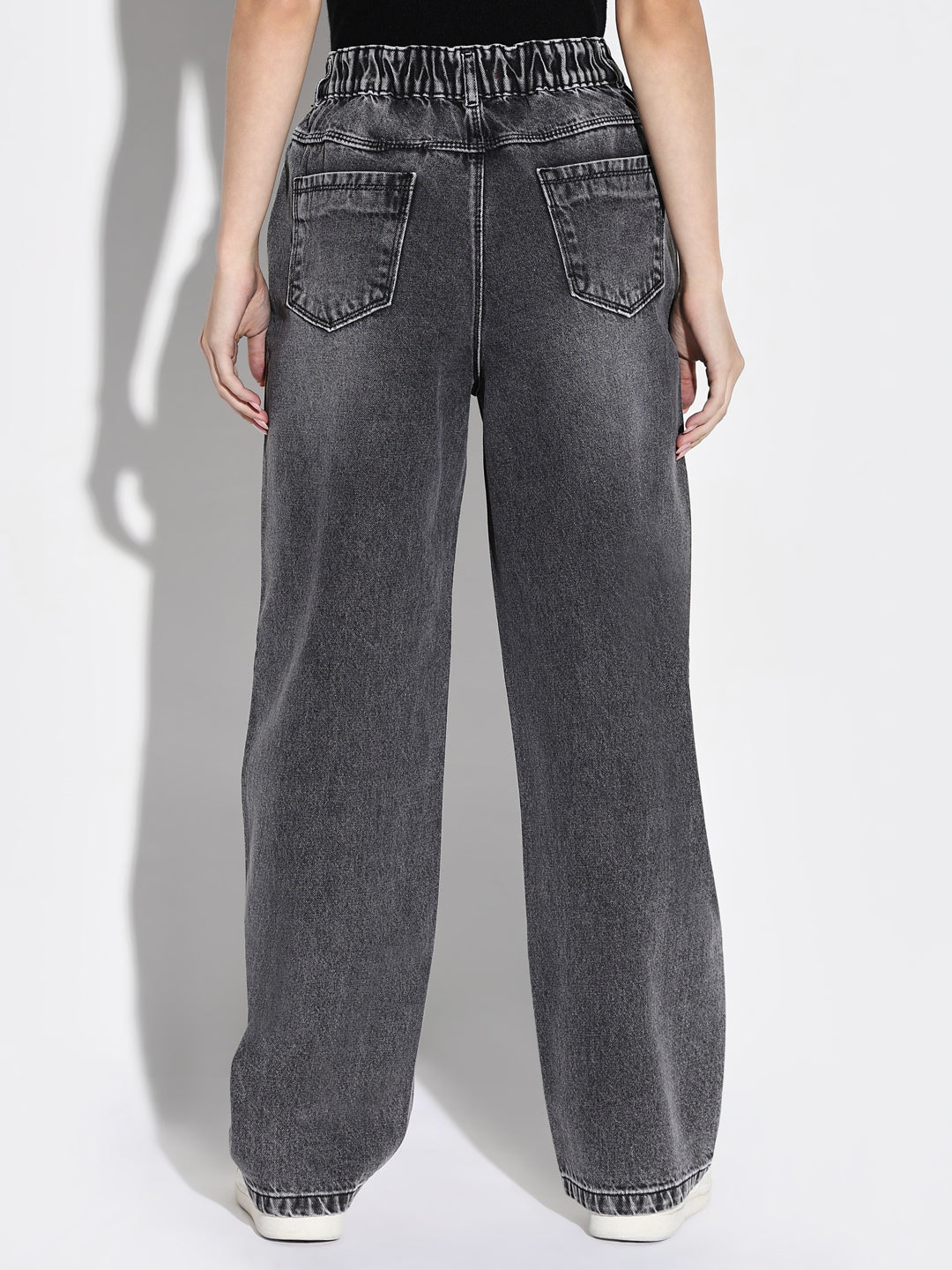 Women's Grey Comfort Wide Leg Slash Knee Heavy Fade Acid Wash Stretchable Jeans