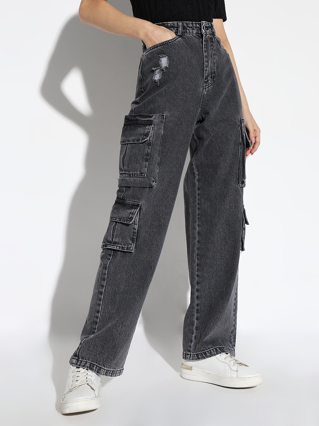 Women's Grey Comfort Straight Fit Low Distress Light Fade Acid Wash Stretchable Jeans