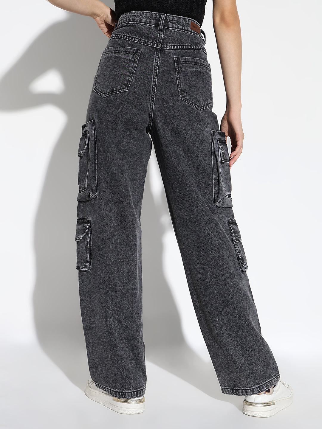 Women's Grey Comfort Straight Fit Low Distress Light Fade Acid Wash Stretchable Jeans