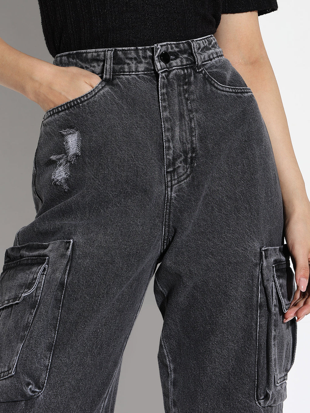 Women's Grey Comfort Straight Fit Low Distress Light Fade Acid Wash Stretchable Jeans