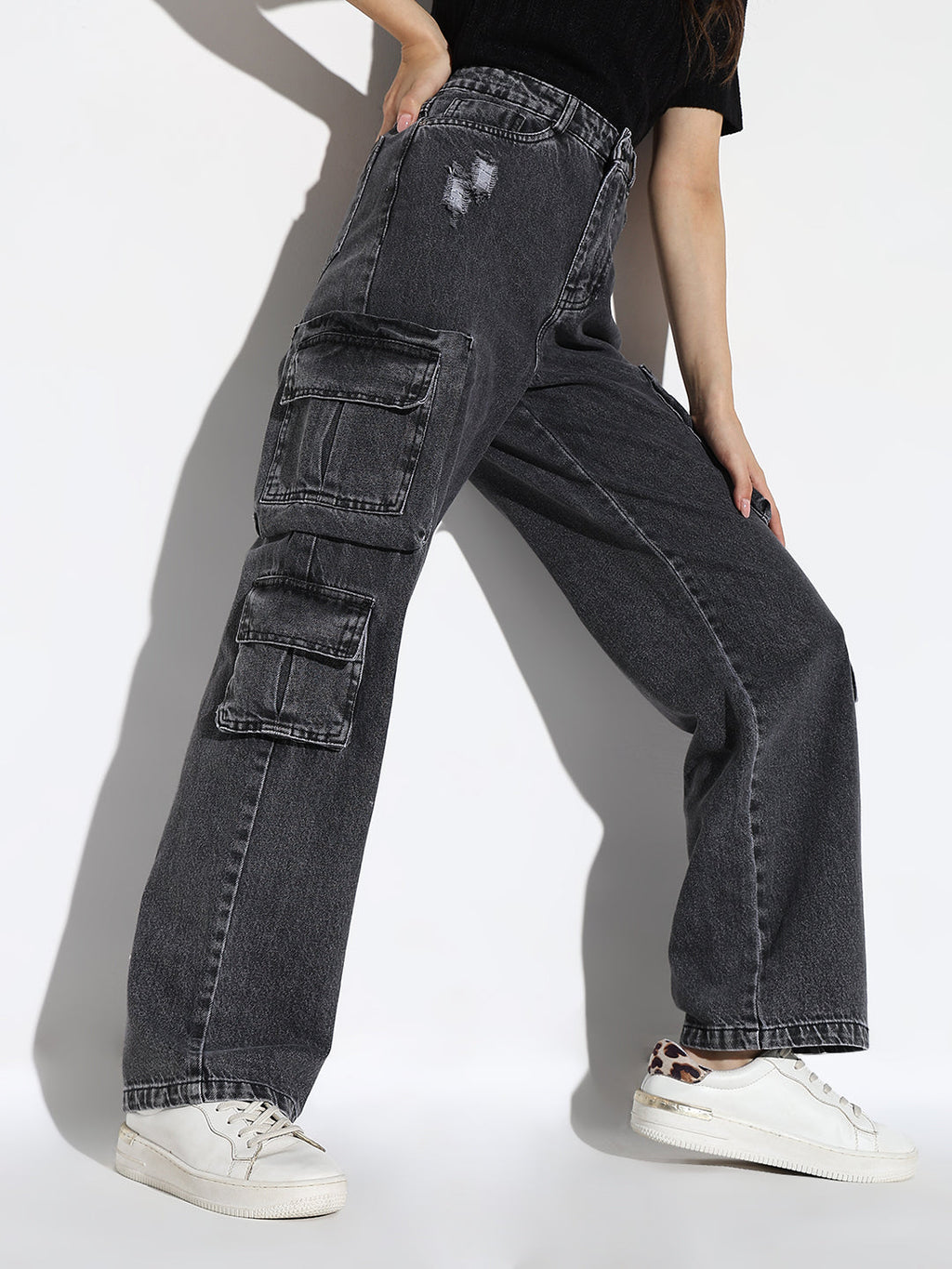 Women's Grey Comfort Straight Fit Low Distress Light Fade Acid Wash Stretchable Jeans