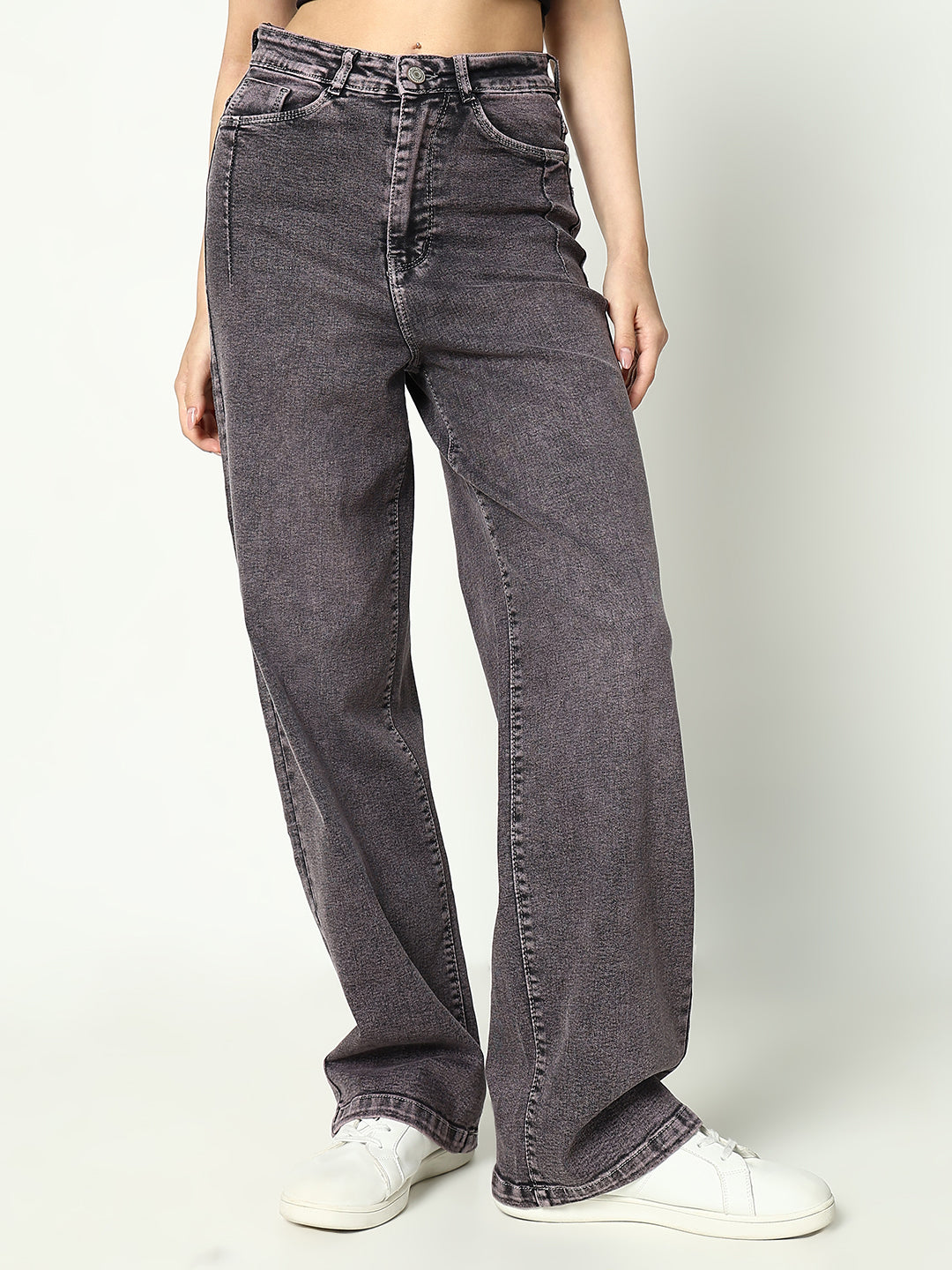 Women's Grey Cotton Mid-Rise Comfort Wide Leg Heavy Fade Jeans