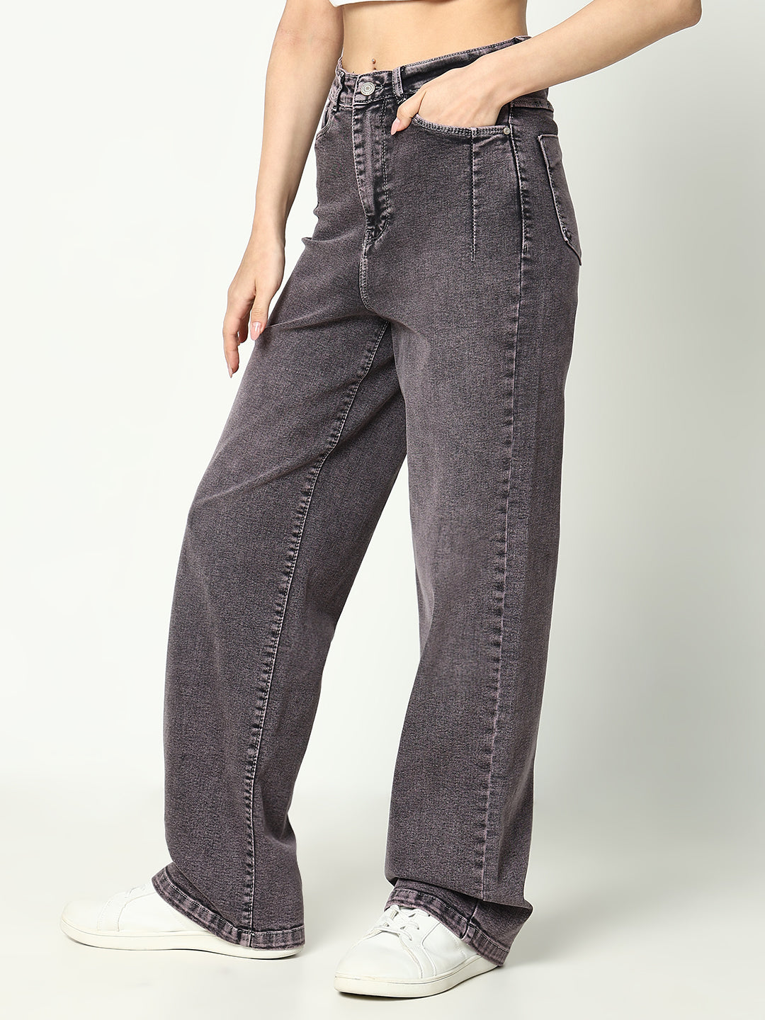Women's Grey Cotton Mid-Rise Comfort Wide Leg Heavy Fade Jeans
