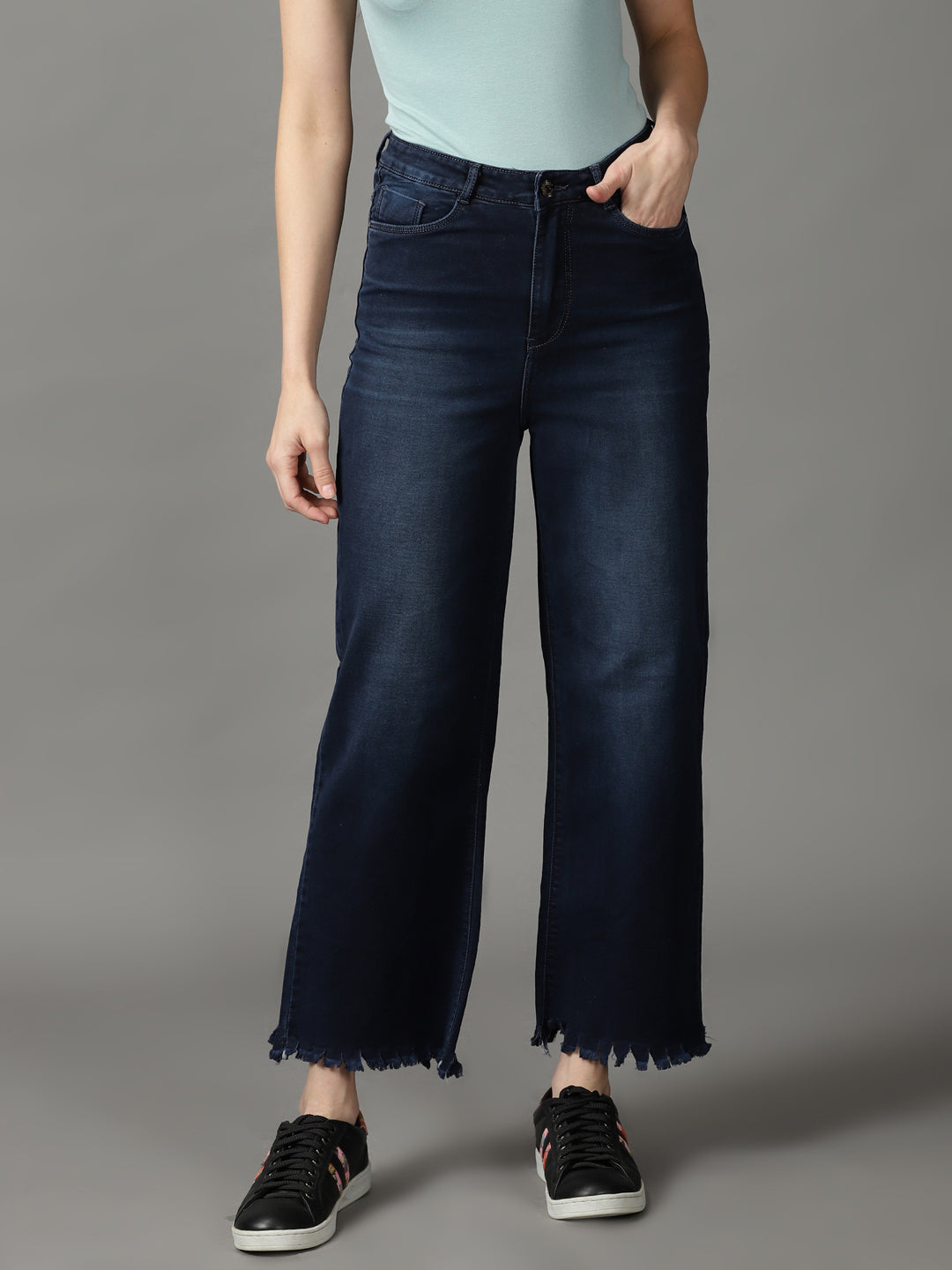 Women's Navy Blue Straight Fit High-Rise Light Fade Stretchable Jeans