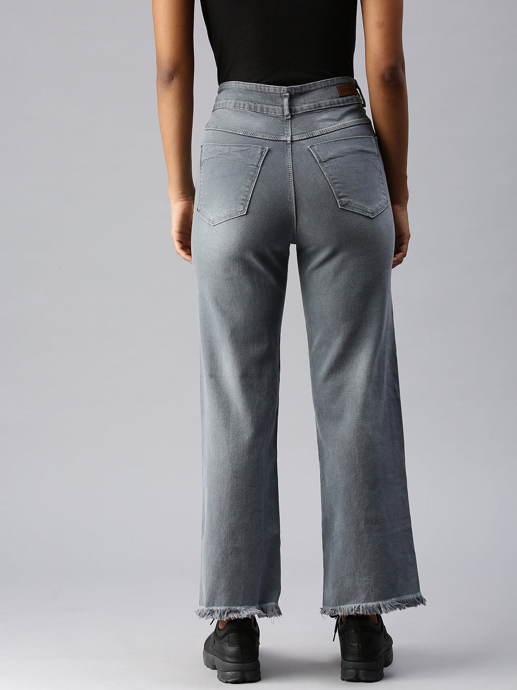 Women's Grey Wide Leg High-Rise Heavy Fade Stretchable Denim Jeans