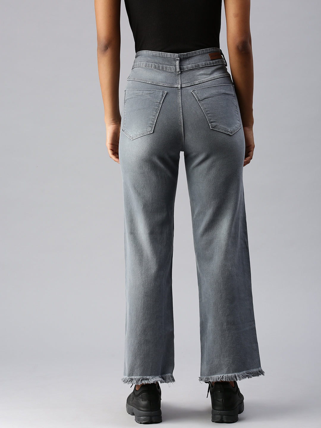 Women's Grey Wide Leg High-Rise Heavy Fade Stretchable Denim Jeans