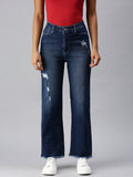 Women's Navy Blue Wide Leg High-Rise Light Fade Stretchable Denim Jeans