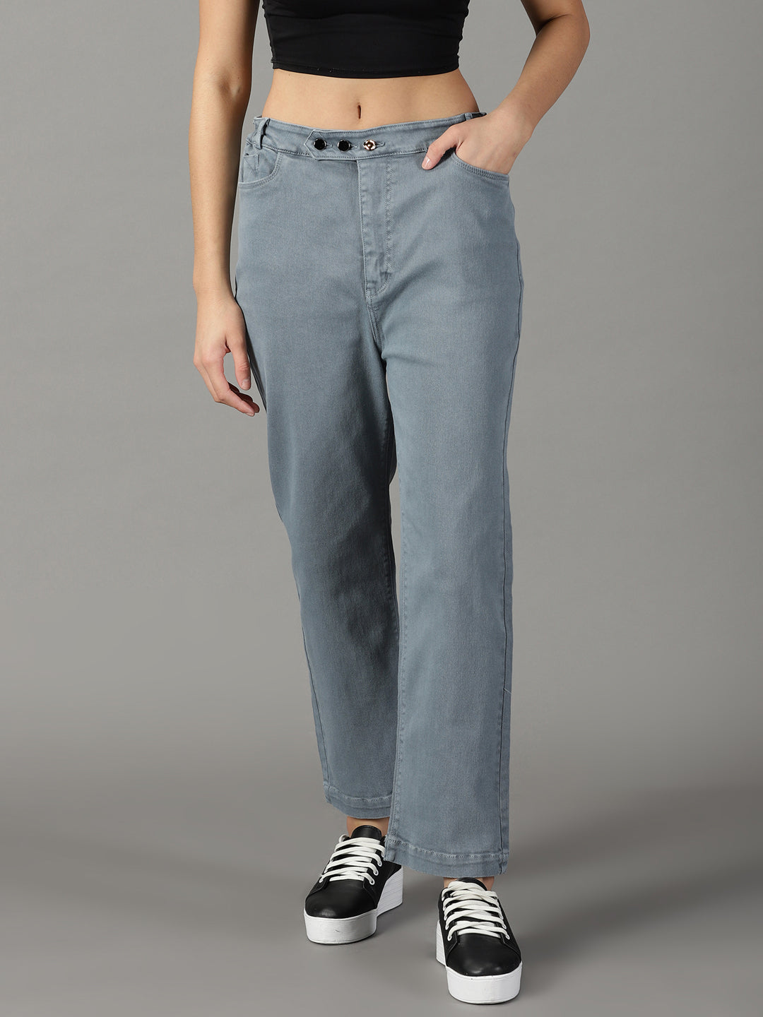 Women's Grey Clean Look Straight Fit High-Rise Stretchable Jeans