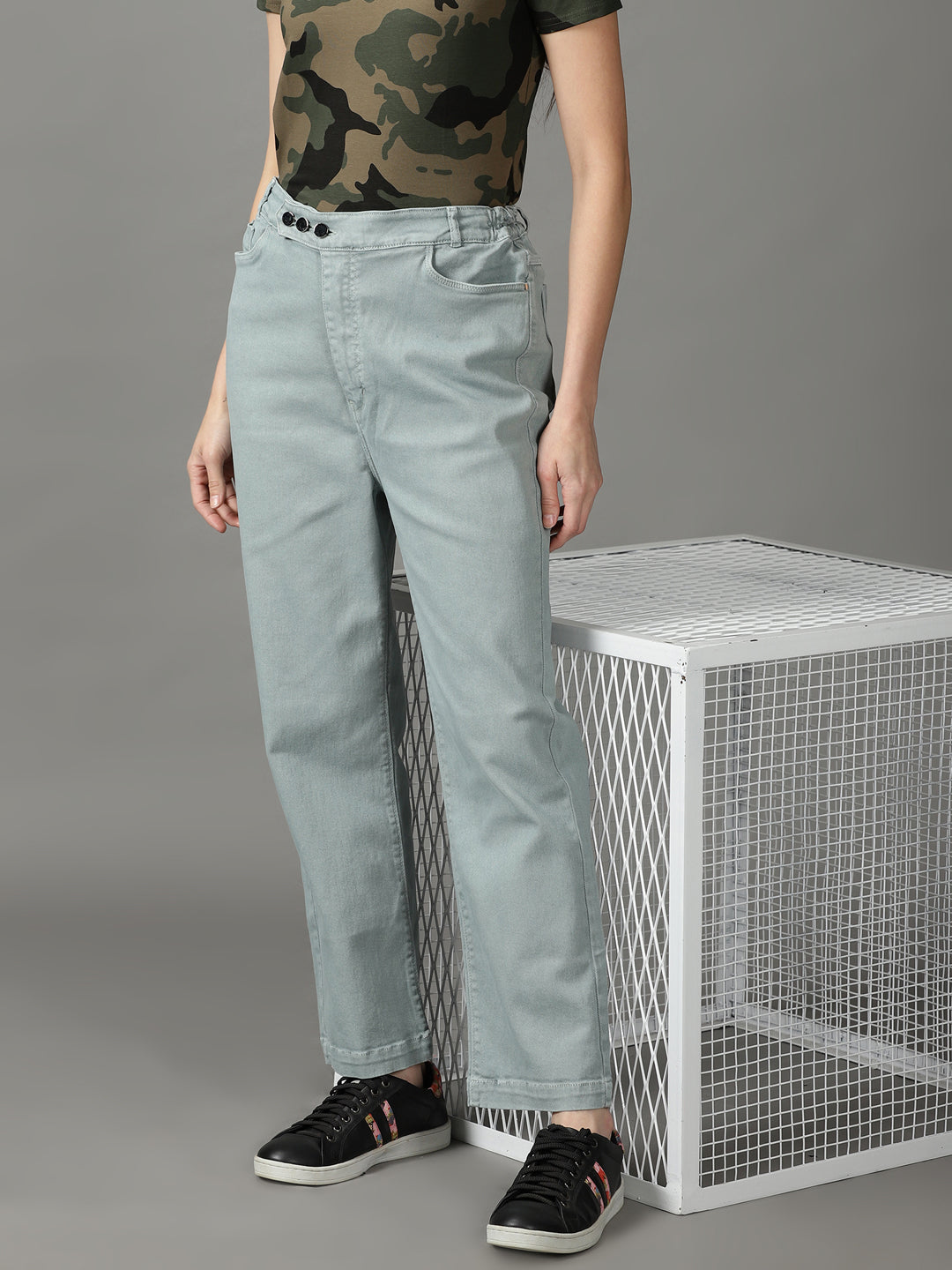 Women's Sea Green Straight Fit High-Rise Stretchable Cotton Jeans