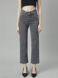 Women's Grey Jean Straight Fit Acid Wash Mid-Rise Stretchable Jeans