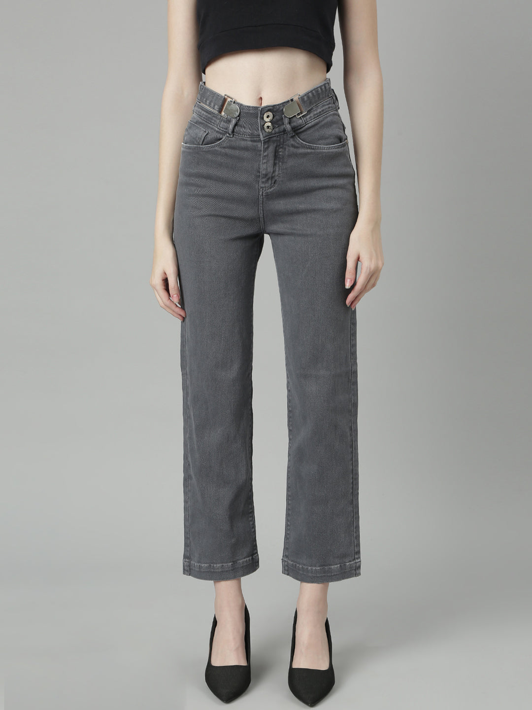 Women's Grey Jean Straight Fit Acid Wash Mid-Rise Stretchable Jeans