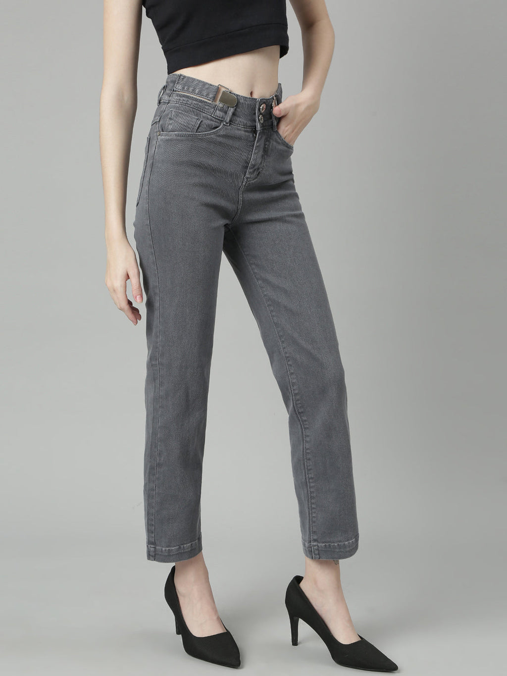 Women's Grey Jean Straight Fit Acid Wash Mid-Rise Stretchable Jeans