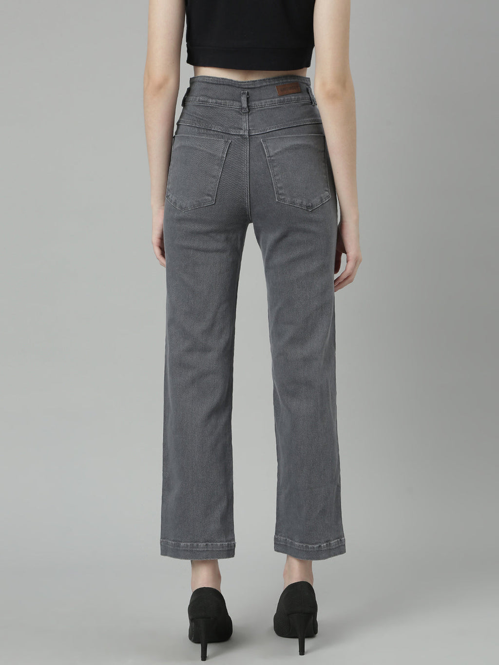 Women's Grey Jean Straight Fit Acid Wash Mid-Rise Stretchable Jeans