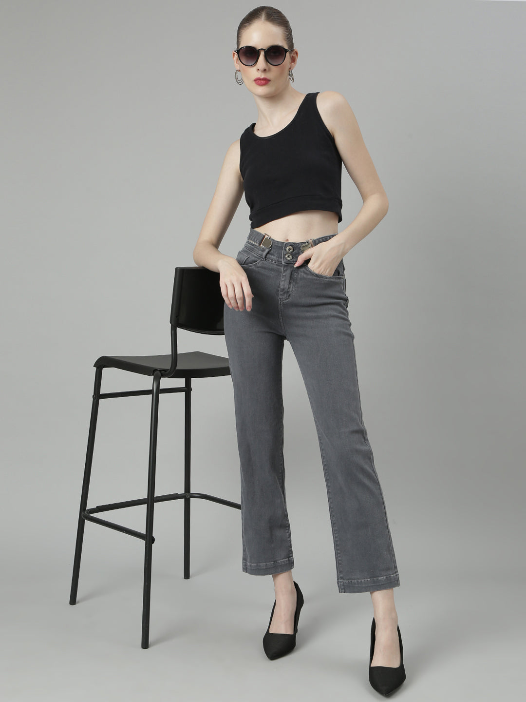 Women's Grey Jean Straight Fit Acid Wash Mid-Rise Stretchable Jeans