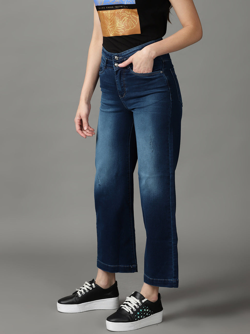 Women's Navy Blue Straight Fit High-Rise Light Fade Cotton Stretchable Jeans