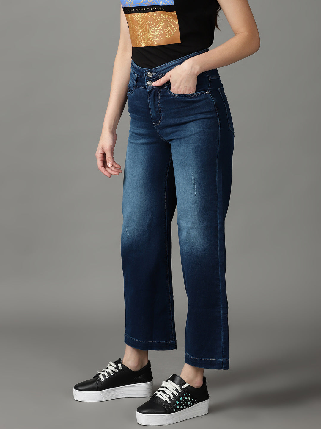 Women's Navy Blue Straight Fit High-Rise Light Fade Cotton Stretchable Jeans