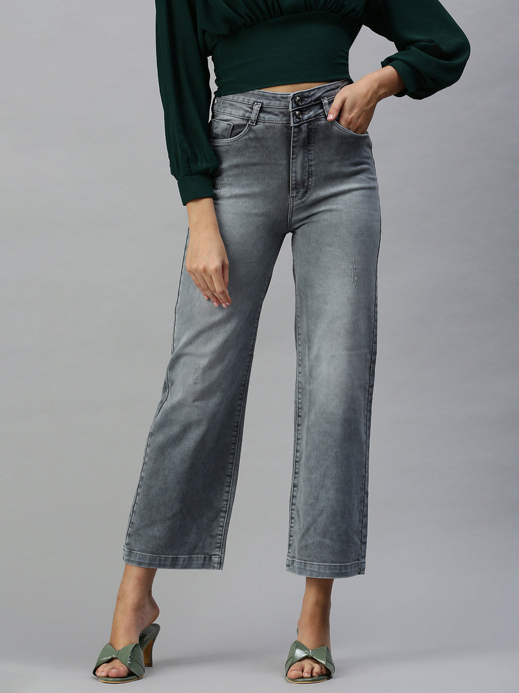 Women's Grey Wide Leg High-Rise Heavy Fade Stretchable Denim Jeans
