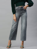 Women's Grey Wide Leg High-Rise Heavy Fade Stretchable Denim Jeans