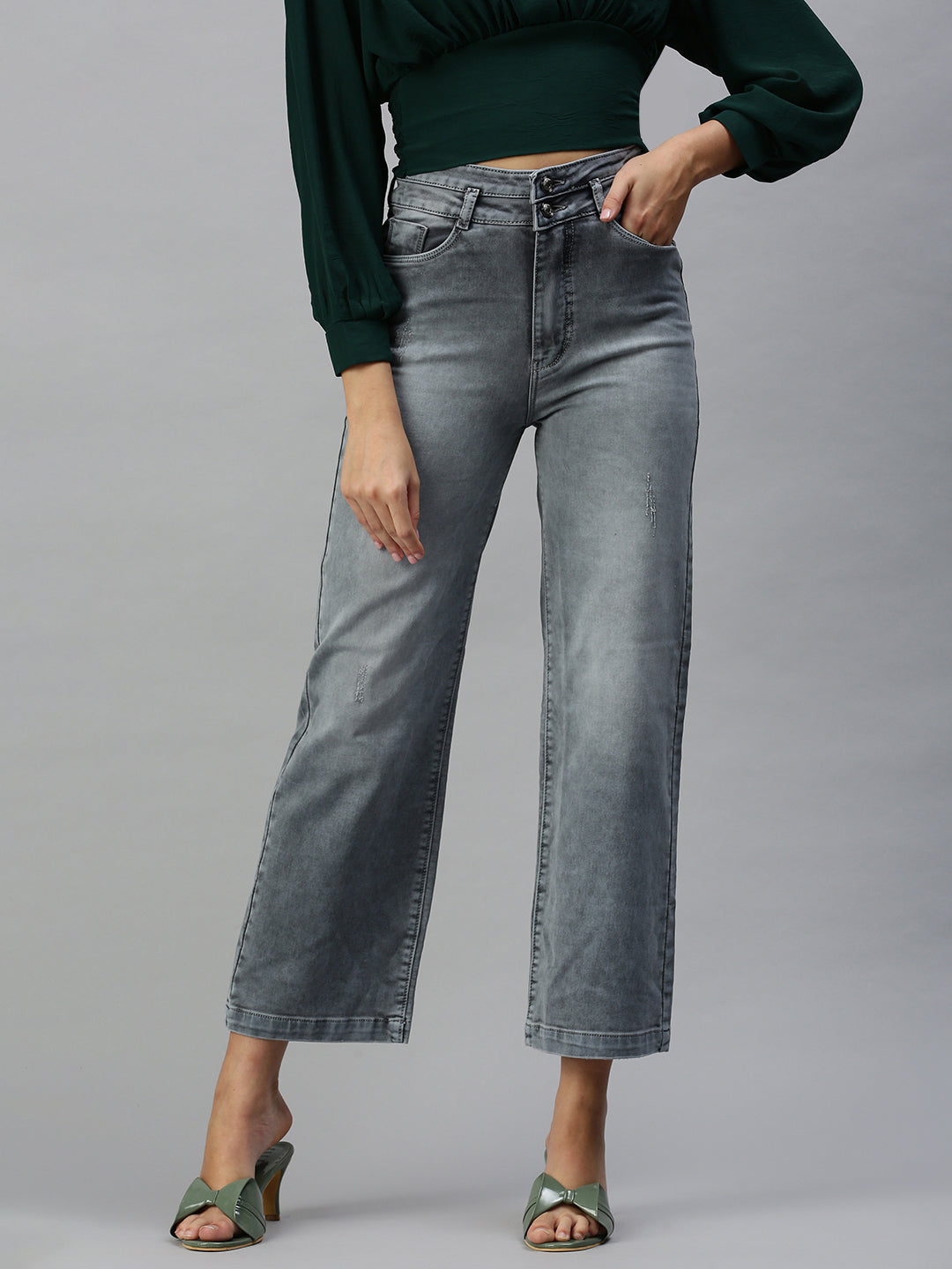 Women's Grey Wide Leg High-Rise Heavy Fade Stretchable Denim Jeans