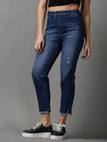 Women's Blue Boyfriend Fit Mildly Distressed Light Fade Stretchable Jeans