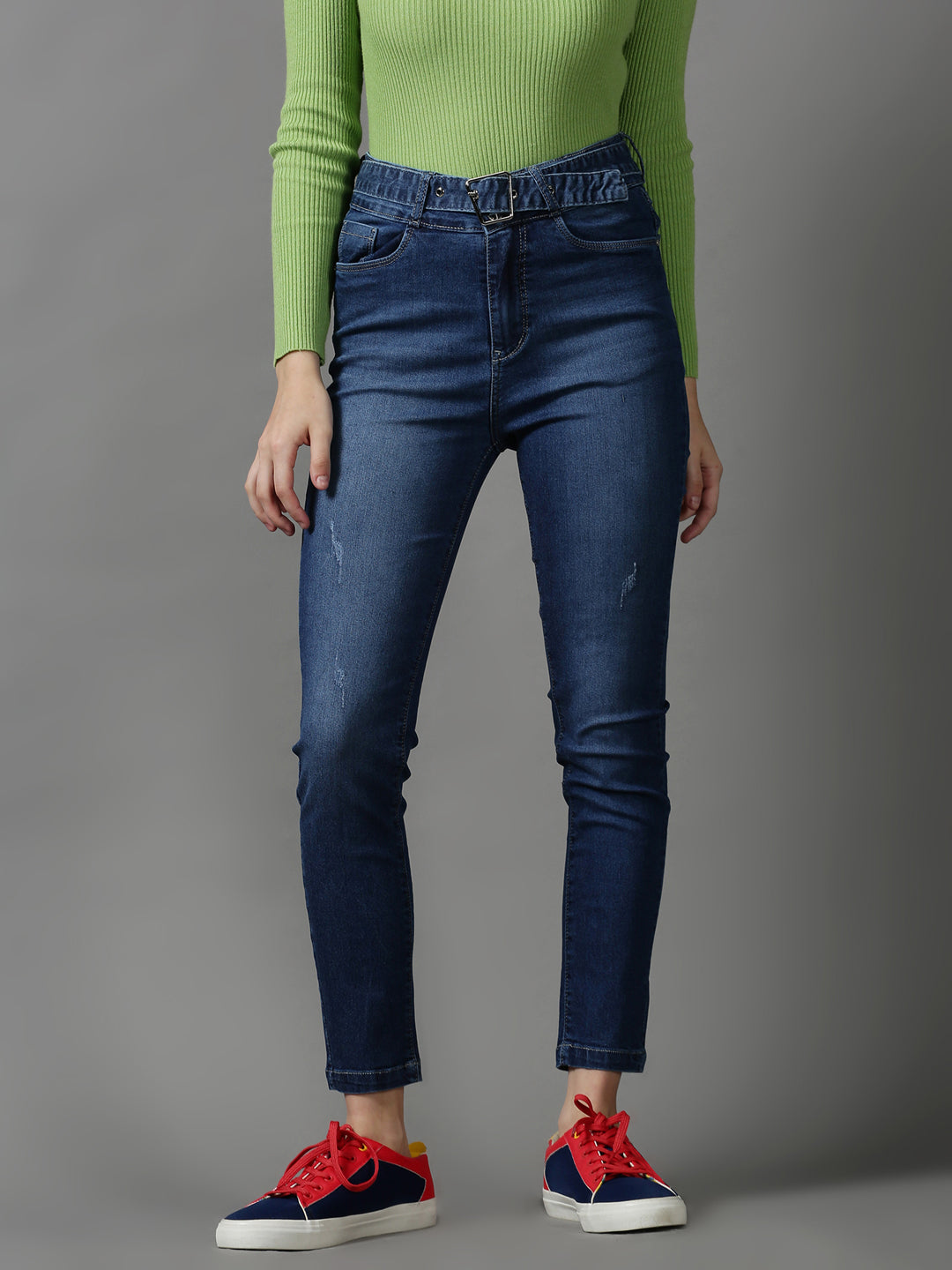 Women's Blue Slim Fit Low Distress Light Fade Stretchable Denim Jeans
