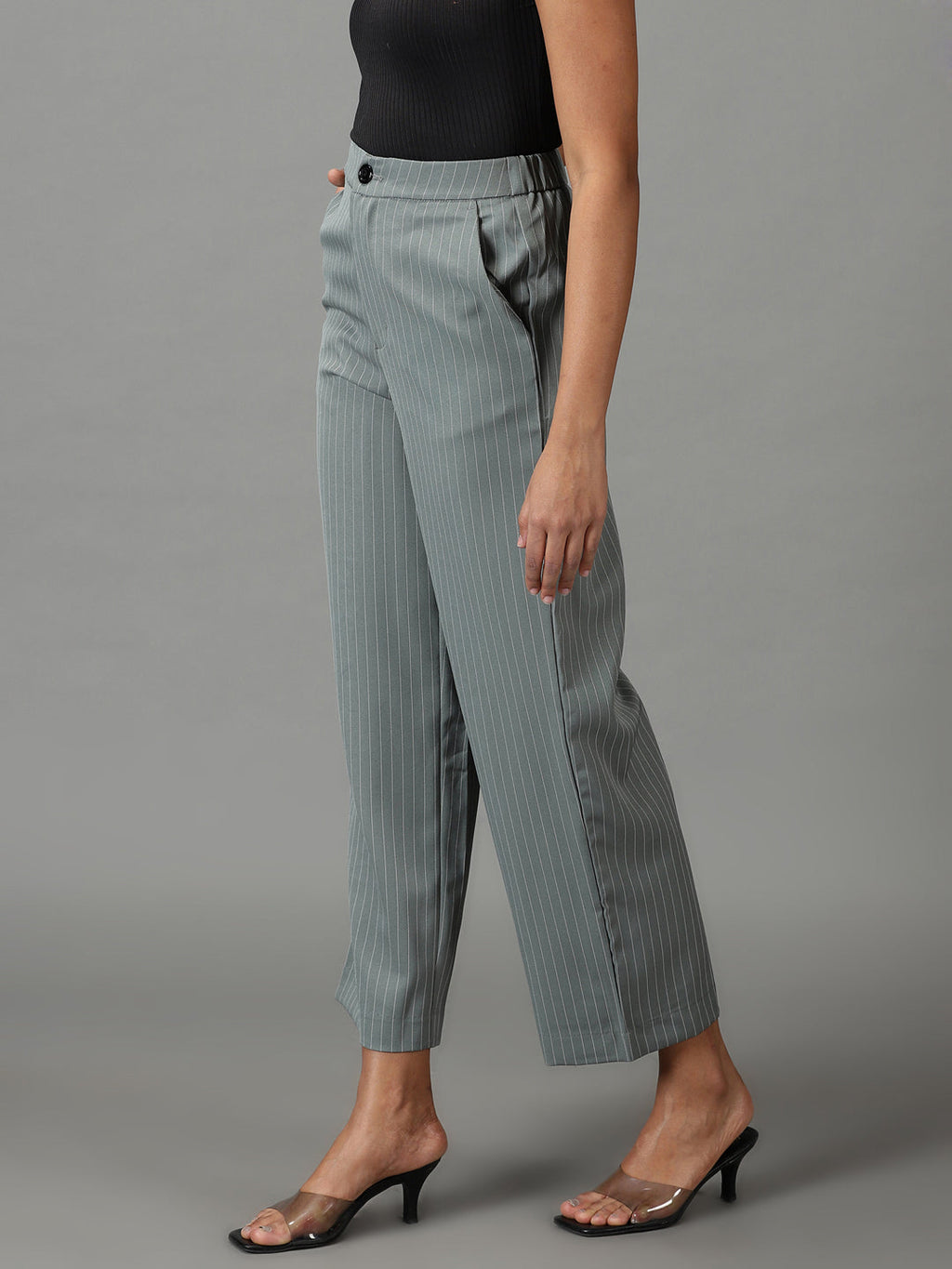 Women's Olive Striped Relaxed Straight Fit Trousers