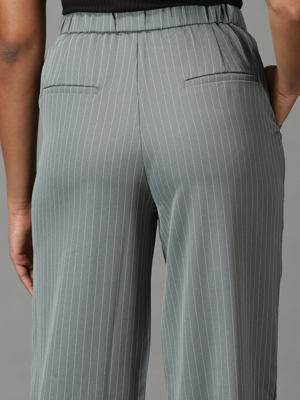 Women's Olive Striped Relaxed Straight Fit Trousers