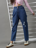 Women's Blue Mom Fit High-Rise Mildly Distressed Denim Jeans