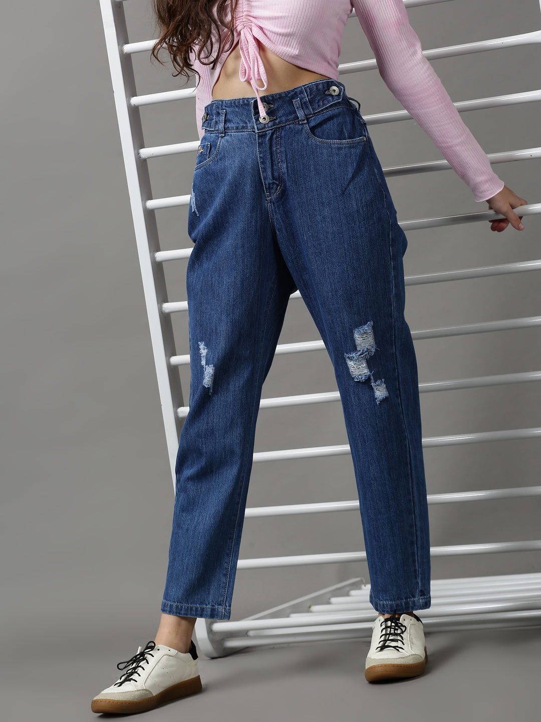 Women's Blue Mom Fit High-Rise Mildly Distressed Denim Jeans