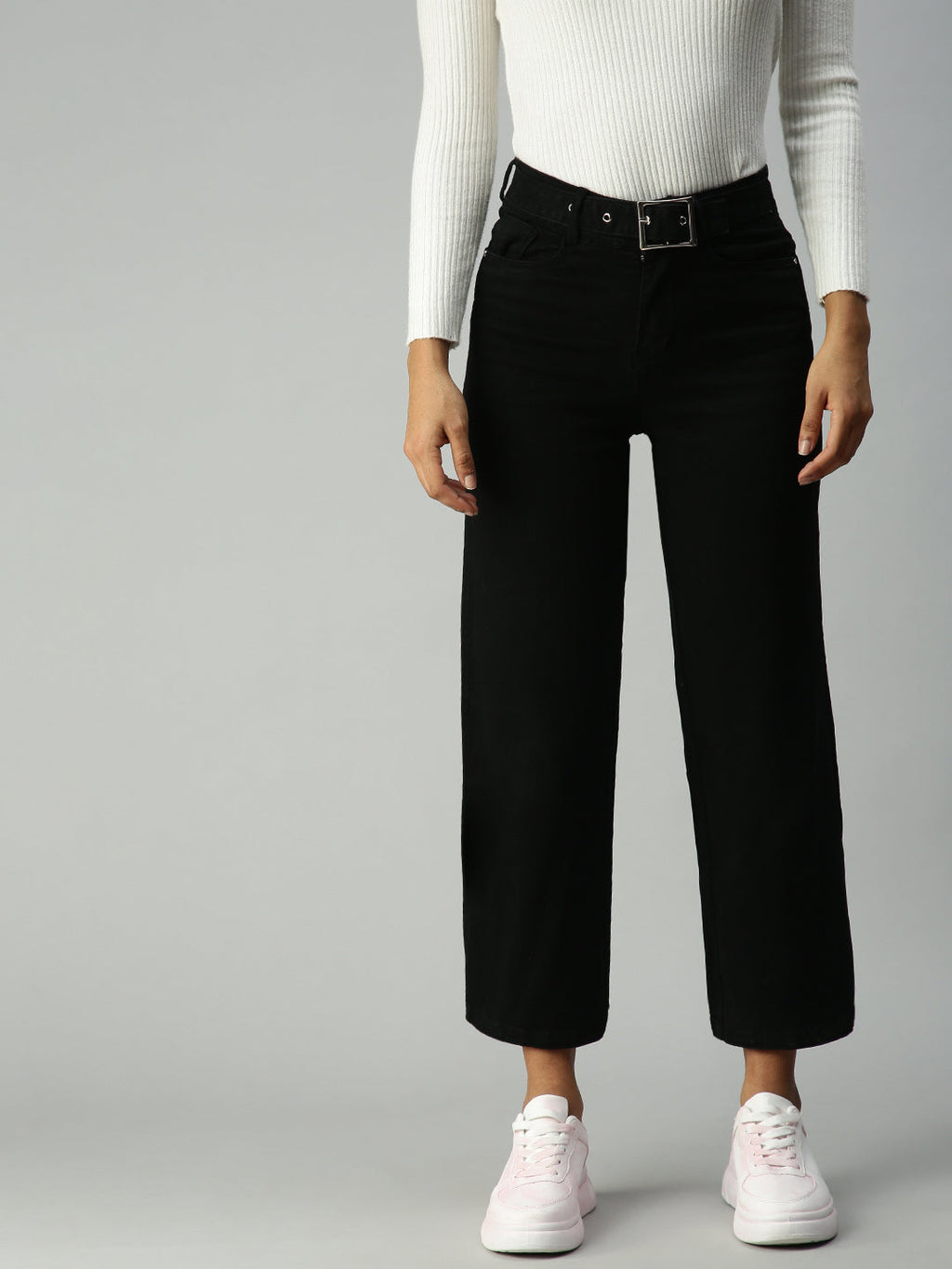 Women's Black Wide Leg High-Rise Stretchable Jeans With Belt